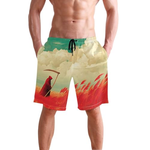 Men's Swim Trunks Grim Reaper Red Print, Quick Dry Beach Board Shorts with Lining-S