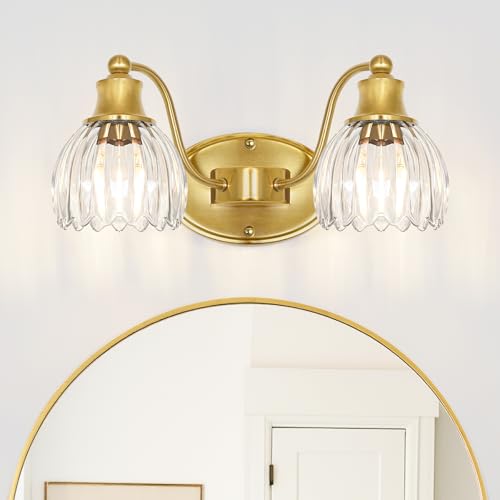 Image of Vintage Bathroom Vanity Light Fixture Over Mirror, 2-Light Brushed Gold Bathroom Wall Sconce with Clear Glass Shades, Antique 15in Gold Vanity Lighting for Bathroom, Farmhouse, Hallway, Dressing Room