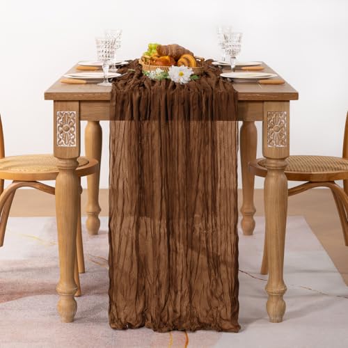 Image of MLMC 2 Pack Brown Cheesecloth Table Runner 10ft Boho Rustic Gauze Coffee Cheese Cloth Table Runner Neutral Centerpiece Decor 35x120 Inches for Wedding Farmhouse Reception Home Decor