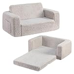 BEJOY Kids Sofa Bed, Extra Wide 2-in-1 Toddler Soft Sherpa Couch Fold Out, Convertible toddler bed to Lounger for Girls and Boys, Light Grey