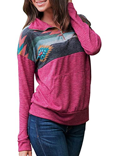 AlvaQ Womens Juniors Fashion Casual Long Sleeve Autumn Winter Floral Printed Color Block Stand Collar Sweatshirt Pullover with Pockets Rose Large