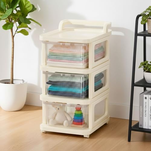 Image of Aliensware 3Layer Plastic Storage Drawer Organizer with Wheels, Modular Cabinet for Home, Office, School, Hospital, Parlor, Morden Kitchen,Clothes, Toys Organiser for Kids Room-Aliens,Clear Ivory