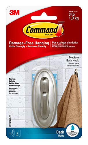 Command Medium Traditional Hook, Brushed Nickel, Holds 3 lbs, 1-Hook, 2-Strips, Organize Damage-Free