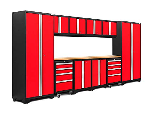 NewAge Products Inc. Bold Series 12-Piece Steel Garage Cabinet Set, No Lights/No Backsplash, Red with Bamboo Worktop