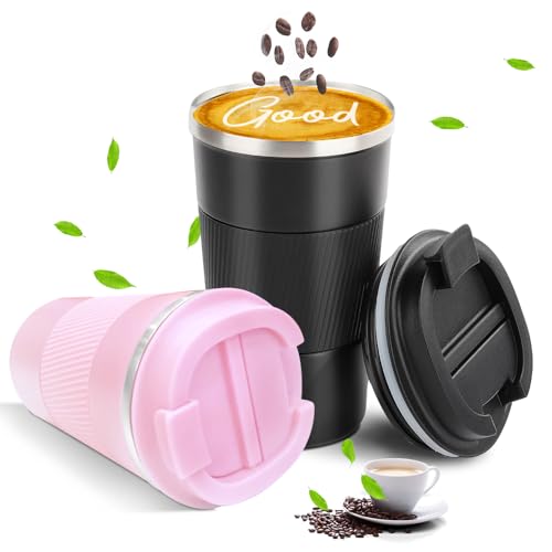 YINBAOGE Travel Coffee Mug 14oz Pink + Black, Couples Combination Set Insulated Spill Proof Leak Proof Portable To Go Camping Stainless Steel Coffee Tumbler Reusable Coffee Cups with Lids