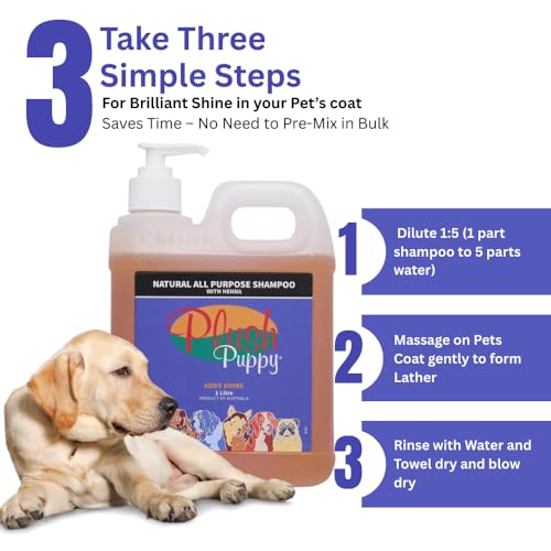 Image of PLUSH PUPPY Shampoo for Cats and Dogs - Ideal for Short Coated Breeds, Enhances Shine, Maintains Skin Health, Paraben Free, No Artificial Fragrance, All Purpose Pet Shampoo with Henna (1 L)