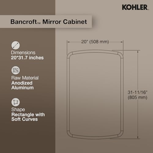 Image of Kohler Bancroft Rectangle Bathroom Mirror Cabinet | Wall Mounted HD Mirror | Rust-Free | Soft Close Hinges, Adjustable Shelves | Sleek Storage for Modern Bathrooms | 3 Years Warranty, 508 x 805 mm