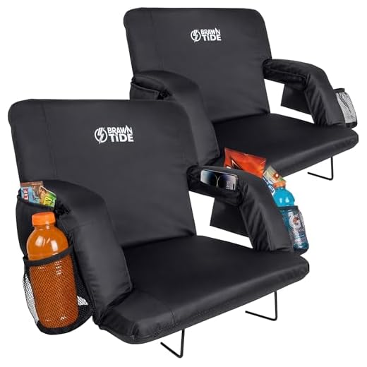 BRAWNTIDE Wide Stadium Seat For Bleachers - 2 Pack, Stadium Chair With Back Support, Comfy Cushion, Thick Padding, 2 Steel Bleacher Hooks, 4 Pockets, Ideal For Sport Events, Beaches (Black, Wide Size)