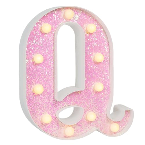 Image of Pink Glitter Marquee Light Up Letters, Battery Operated LED Letter Lights Signs for Pink Birthday Party Table Decorations, Wall Decor for Girls Bedroom, Initial Letter Q with Warm White Lights