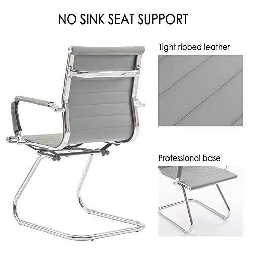 Image of Conference Room Chairs Set of 6, Waiting Room Chairs with Arms, Faux Leather Reception Chairs No Wheels, Office Guest Chairs with Mid Back Support and Chrome Sled Base, Grey