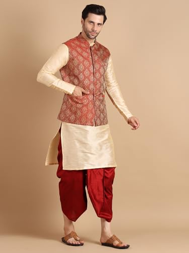 Image of Men's Silk Blend Solid Kurta Dhoti Set with Designer Ethnic Nehru Jacket