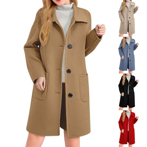 Image of Pea Coats for Women Elegant Fall 2025 Mid Length Peacoats Plus Size Wool Trench Ladies Dress Coat Winter Jackets Outerwear Overcoat Coatigan Chaquetas Abrigos De Invierno para Mujer Tan Khaki 2X