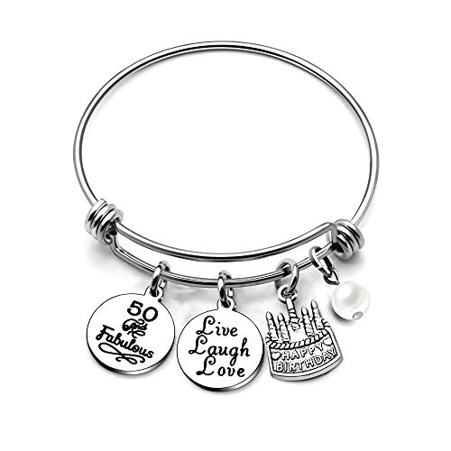 AGR8T Birthday Bangle Bracelets Gifts for Her Happy Birthday Bangles Cake Live Laugh Love Charms Women Girl (50th Birthday)