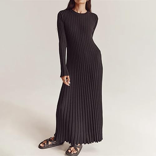 Women Bell Long Sleeve Knit Maxi Dress Crewneck Ribbed Bodycon Long Dress Slim Fit Y2K Sweater Dress Streetwear3