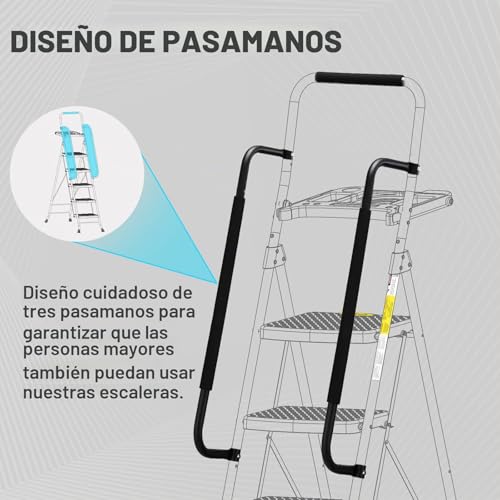 Miniatura 3 de Hbtower Escalera 5 Peldaños Plegable Con Bandeja Portaherramientas, Escalera Antideslizante De Acero, Capacidad Máxima 150 Kg, Ideal Para Casa, Garaje Y Obra