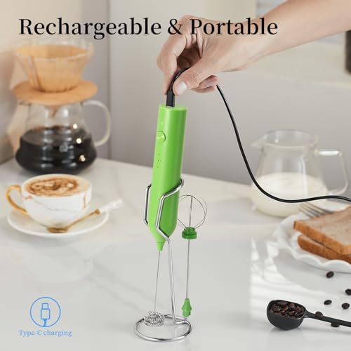 Image of Rechargeable Milk Frother Set by ELMWAY, Electric Drink Blender with Wand and Egg Whisk, Foam Maker Mixer, Milk Frother Handled for Coffee, Latte, Matcha, Protein Powder (Green with Stand)