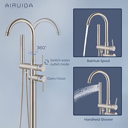 Airuida Floor Mount Bathtub Faucet Freestanding Tub Faucet Brushed Nickel Tub Filler With 2 Function Handheld 360 Degree Swivel Standing High Flow Spout Mixer Taps #TOP1