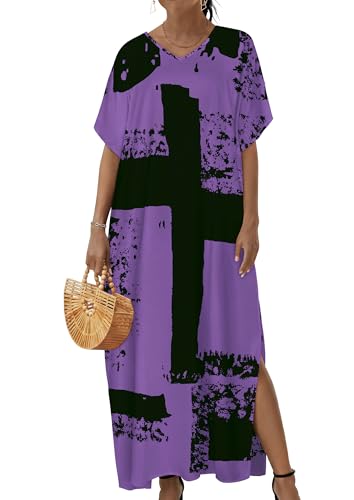 Image of Runwind Plus Size Maxi Dress for Women Short Sleeve V Neck Casual Long Dresses with Pockets