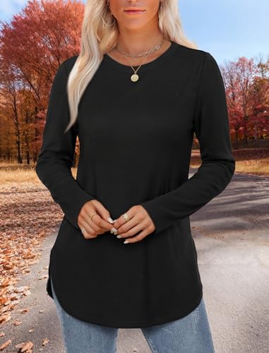 Womens Long Sleeve Round Neck Shirts Side Split Basic Loose Tunic Tops Casual 20253
