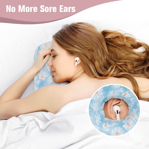 Ear Piercing Pillow for Side Sleeper with Hole for Relief Ears Pain CNH Piercing Pain Sleeping Pressure Sore, Comfortable Support Ear Guard Pillow to a Restful Sleep, Blue and White Daisy