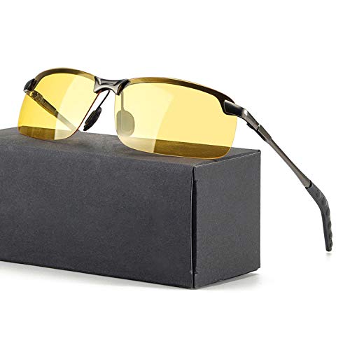 TJUTR Hombre Gafas De Visión Nocturna Polarizadas, HD Amarilla Gafas Da Sole Marco De Metal – Anti Reflectante UV400(Gris/Amarillo)