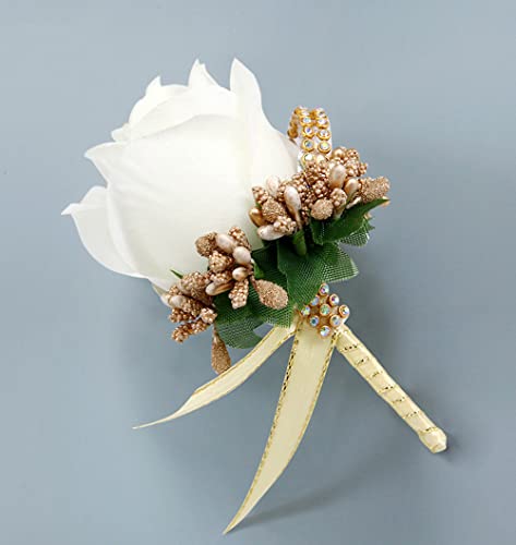 Pack of 4 Wedding Corsage with Badge Pin Silk Ribbon,Artificial Rose Flower Wedding Brooch,Wedding Accessories,Bridal Accessories,Boutonniere for Weddings,Banquets,Anniversary Dates (White and Gold)