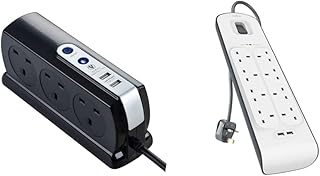 Masterplug SRGDSU62PB-MP Six Socket Switched Inline Power Surge Protected Extension Lead Gloss Black, 6.2 cm*8.7 cm*20.6 cm & Belkin BSV804 8 Way 2 m Surge Protection Extension Lead Strip White
