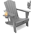 THOEOE Folding Adirondack Chair,HDPE All-Weather Outdoor Chair with Cup Holder,Wooden Textured,Fire Pit Chair,Plastic Patio Chair for Deck,Backyard,Garden,Lawn, Grey