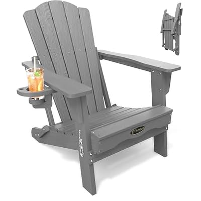 THOEOE Folding Adirondack Chair,HDPE All-Weather Outdoor Chair with Cup Holder,Wooden Textured,Fire Pit Chair,Plastic Patio Chair for Deck,Backyard,Garden,Lawn, Grey