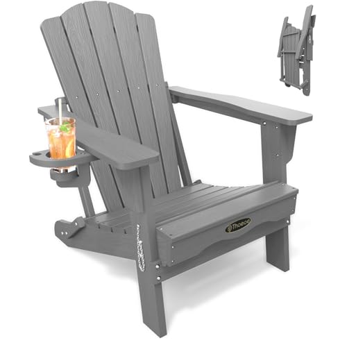 THOEOE Folding Adirondack Chair,HDPE All-Weather Outdoor Chair with Cup Holder,Wooden Textured,Fire Pit Chair,Plastic Patio Chair for Deck,Backyard,Garden,Lawn, Grey