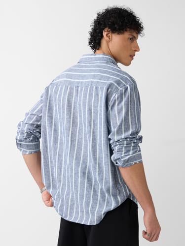 Image of The Souled Store Cotton Linen Stripes: Apricot Men and Boys Long Sleeves Collared Neck Orange Stripes Regular Fit Lightweight Comfortable Summer Cotton Linen Shirts