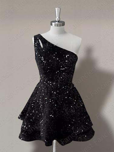 Fanciest Women's One Shoulder Sequin Homecoming Dresses Tiered Short Prom Dress for Teens3