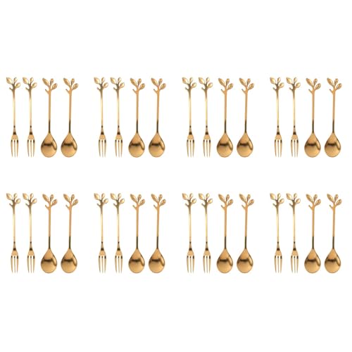 Iyalezirk Tenedor Cuchara de Café de Hoja de Oro Vajilla Paquete de 32 (16 Cucharas 16 Tenedores) Taza de Café Pequeña Cuchara de Tenedores de Postre y Aperitivo,Conjunto