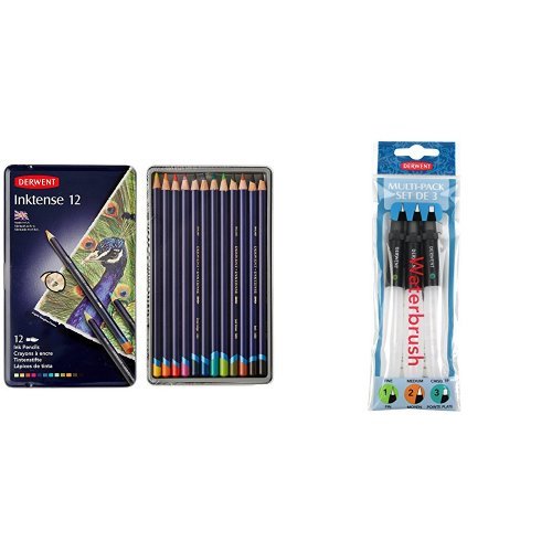 Derwent Inktense Watercolour Pencils Tin (Set of 12) with Derwent Waterbrush Multi-Pack (Pack of 3)
