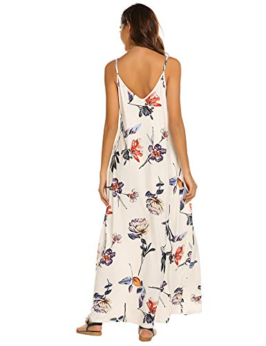 Image of Supnier Women's Summer Maxi Dress Casual V-Neck Sleeveless Bohemian Spaghetti Strap Floral Long Maxi Dress with Pockets