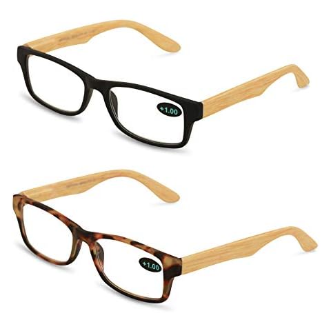 V.W.E. 2 Pairs of Wood Grain Printed Temple Arm Reading Glasses - Spring hinge men women readers (1 Black 1 Tortoise, 2.00) Cover