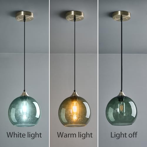 Image of Gray Green Glass Pendant Lights Kitchen Island Lighting Globe Pendant Light Fixtures Modern Pendant Lighting for Kitchen Island Bedroom Living Dining Room Light Fixture(7.87in, 3-Pack)