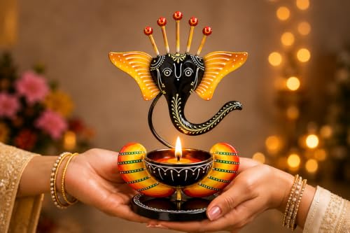 Image of Ganesha Iron Diya Holder - Handpainted Metal Tealight Candle Holder for Home Temple & Pooja Room | 11 Inch Decorative Showpiece, Diwali & Housewarming Gift (Black)