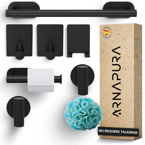 ARNAPURA Toalleros de Baño sin Taladro | Pack 7 PCS Accesorios Baño Negro sin Taladro de Acero Inoxidable 304 | Incluye Adhesivo Ultraresistente