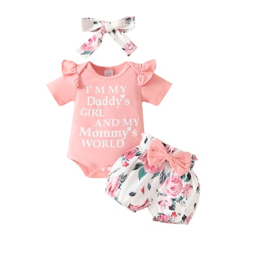 Image of Doisbetthsay Newborn Girl Summer Outfit Daisy Print Short Sleeve Romper Bodysuit Ruffle Shorts Set 3Pcs Baby Clothes (Pink, 9-12 Months)