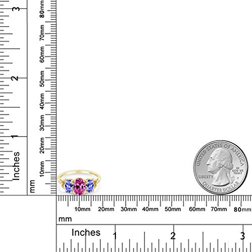 Gem Stone King 10K Yellow Gold Oval Pink Created Sapphire Blue Tanzanite and Diamond Engagement Ring For Women (1.82 Cttw, Available In Size 5, 6, 7, 8, 9)3