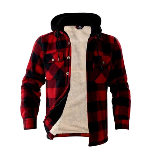 Image of TanBridge Men's Cotton Plaid Shirts Jacket Full Zip Fleece Flannel Sherpa Lined Hoodies Heavyweight Hoodies Jacket for Men
