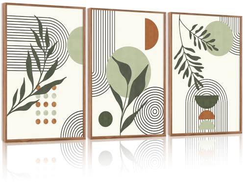 KAlRNE Sage Green Boho Beige Framed Canvas Wall Art Set of 3(24”X36”),Abstract Geometric Line Leaf Wall Decor,Botanical Minimalist Neutral Art Prints For Living Room Bedroom Office