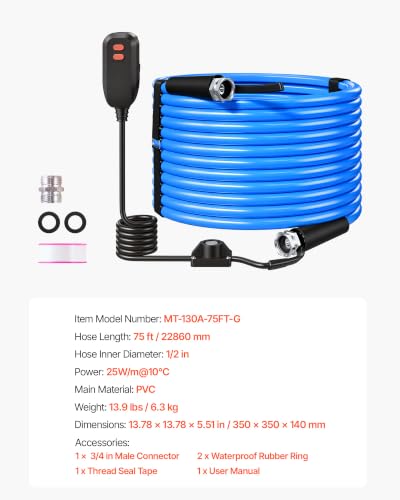 Image of VEVOR 75FT Heated Water Hose for RV -45F Anti Freeze Drinking Water Hose
