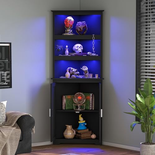 Image of TEENFON Corner Cabinet, Tall Corner Hutch with 5 Shelves & 2 Doors, Bathroom Cabinet with Adjustable Shelf, for Living Room, Kitchen, Bathroom, Black