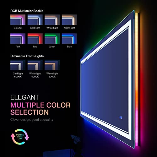 40x32 inch LED Bathroom Mirror with RGB Lights Color Changing Backlit Mirror Shatterproof Dimmable Anti-Fog Lighted Vanity Mirror (RGB Multicolor Backlit + Adjustable Front-Lighted)