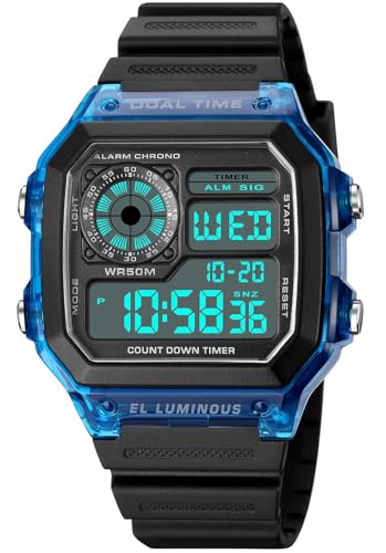 PASOY Mens Digital Multi-Function 2 Time Rubber Alarm Stopwatch Countdown Backlight Swim Waterproof Watch