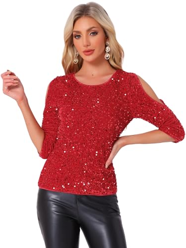 Allegra K Sparkle Sequin Velvet Tops for Women's Cut Out Half Sleeve Party Club Holiday Blouse