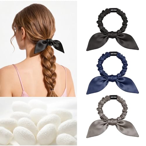 Image of THXSILK 100% Mulberry Silk Bow Scrunchies 3-Pack, 22 Momme Mulberry Silk Hair Ties for Women, Cute Bunny Ear No Damage Ponytail Holders, Fashion Hair Accessories for Girls(S, Dark Colors)