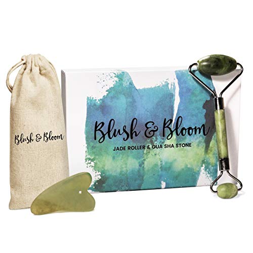 Blush and Bloom | Natural Jade Roller and Gua Sha Stone Set for Face | Face Massager for Face Lift, Depuffing Eye Bags | Facial Jade Roller for TMJ, Jaw Slimming, Anti-Aging